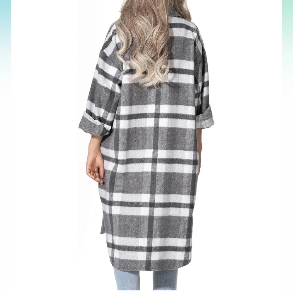 Flannel Oversized grey white Button Down coat XL - Picture 3 of 11